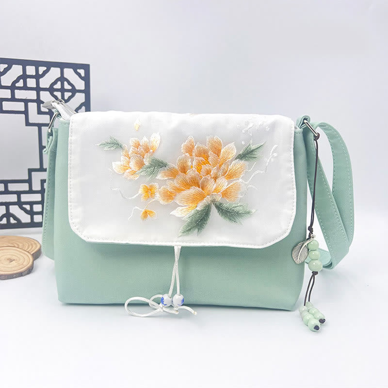 Bolso bandolera con bordado de camelia, epifilo, gardenia y flores de cerezo de Mythstone, bolso de hombro, bolso para teléfono móvil