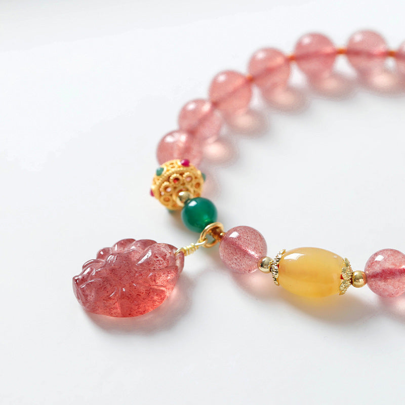 Mythstone Natural Strawberry Quartz Nine-Tailed Fox Healing Bracelet