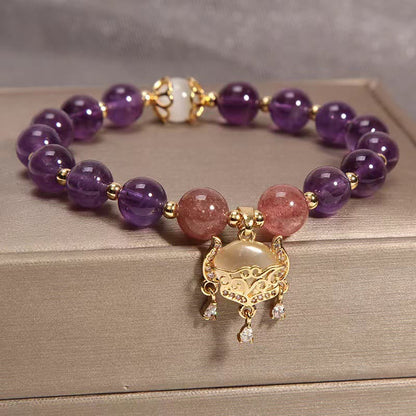 Mythstone Natural Amethyst Strawberry Quartz Cat Eye Chinese Lock Charm Healing Bracelet