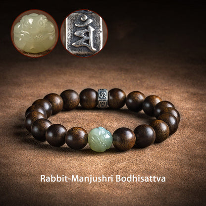 Pulsera de plata de ley 925 con jade de agar y buda de Kalimantan con el zodíaco chino Mythstone