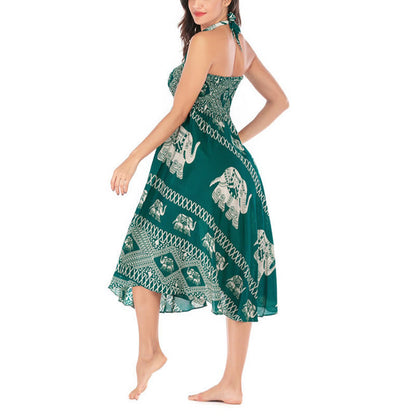 Mythstone Two Style Wear Bohemian Summer Elephant Lines Lace-up Skirt Dress