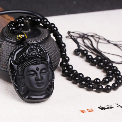 Collar con colgante de hilo de fuerza Avalokitesvara Kwan Yin de obsidiana negra natural Mythstone