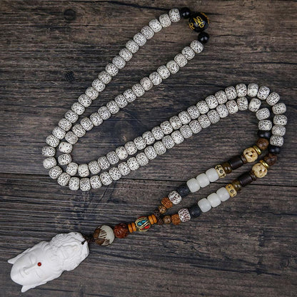 Mythstone 108 Mala Beads Bodhi Seed Yak Bone Avalokitesvara Lucky Pixiu Guan Gong Buddha Demon Peace Tassel Bracelet