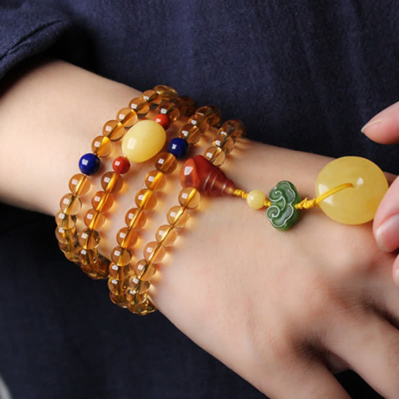 108 Mala Beads Natural Citrine Amber Peace Buckle Red Agate PiXiu Protection Charm Bracelet