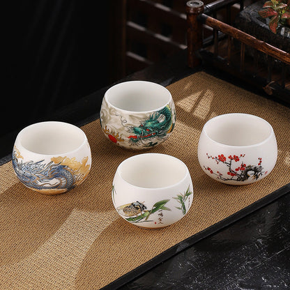 Mythstone Dragon Cicada Bamboo Deer Crane Lotus Plum Flower Ceramic Teacup Kung Fu Tea Cup Bowl 185ml