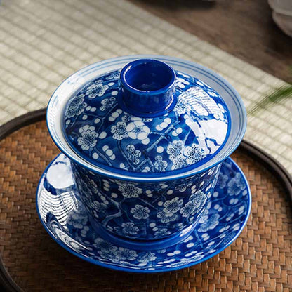 Mythstone Plum Blossom Blue And White Porcelain Ceramic Gaiwan Sancai Teacup Kung Fu Tea Cup And Saucer With Lid 185ml