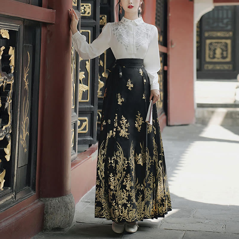 Mythstone Flowers Leaves Feathers Long Sleeve Shirt Top Chinese Hanfu Ming Dynasty Horse Face Skirt Mamianqun Skirt