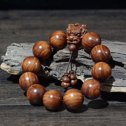 MythStone Rosewood Green Sandalwood Small Leaf Red Sandalwood Agarwood Dragon Carved Protection Bracelet