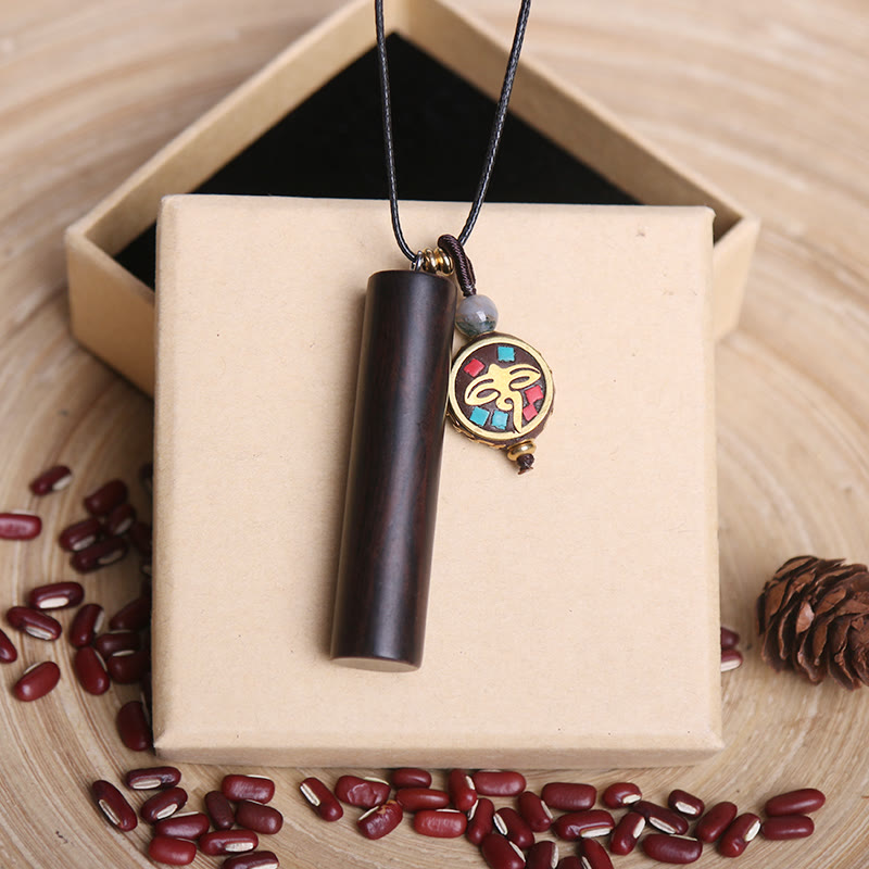 Mythstone Tibetan Ebony Wood Dzi Bead Peace Calm Necklace Pendant