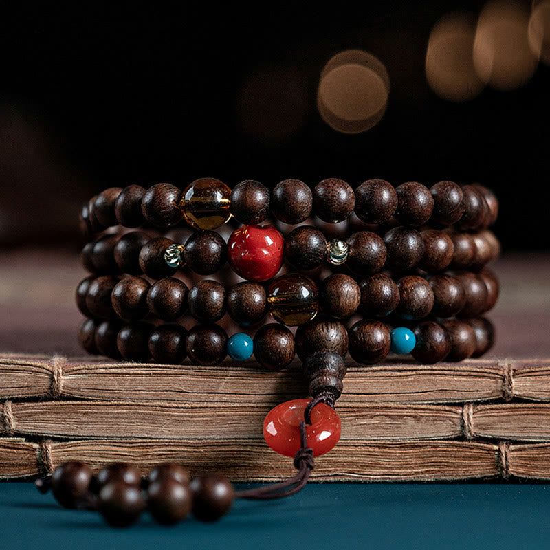 Mythstone 108 Mala Beads Kalimantan Agarwood Laughing Buddha Peace Buckle Red Agate Jade Strength Bracelet