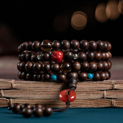 Mythstone 108 Mala Beads Kalimantan Agarwood Laughing Buddha Peace Buckle Red Agate Jade Strength Bracelet