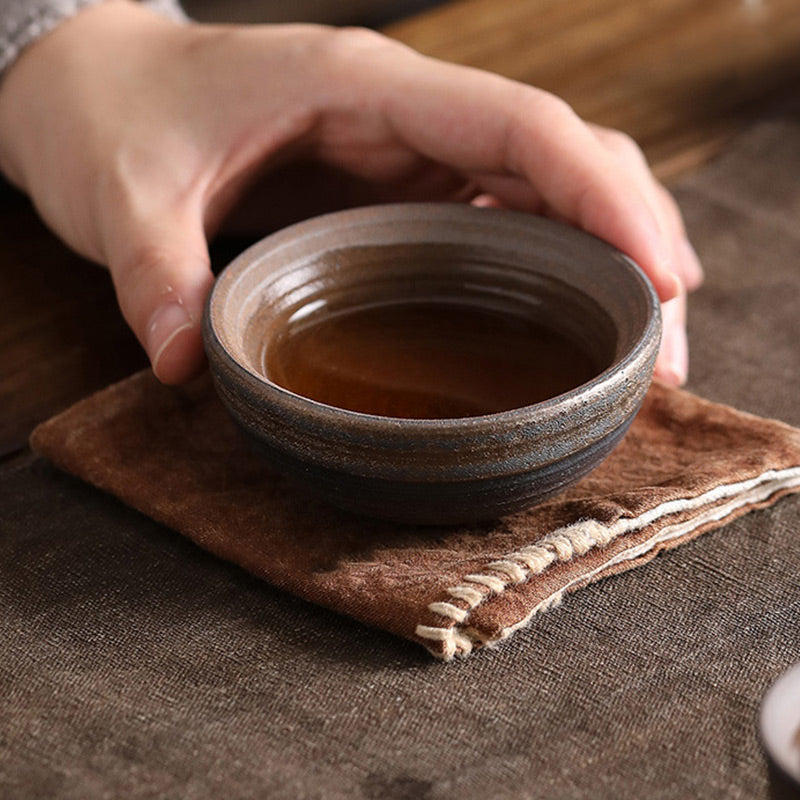 Mythstone Simple Brown Striped Texture Ceramic Teacup Kung Fu Tea Cup Bowl