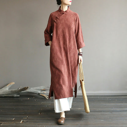 Mythstone Flower Jacquard Midi Dress Long Sleeve Cotton Linen Dress Wide Leg Pants With Pockets