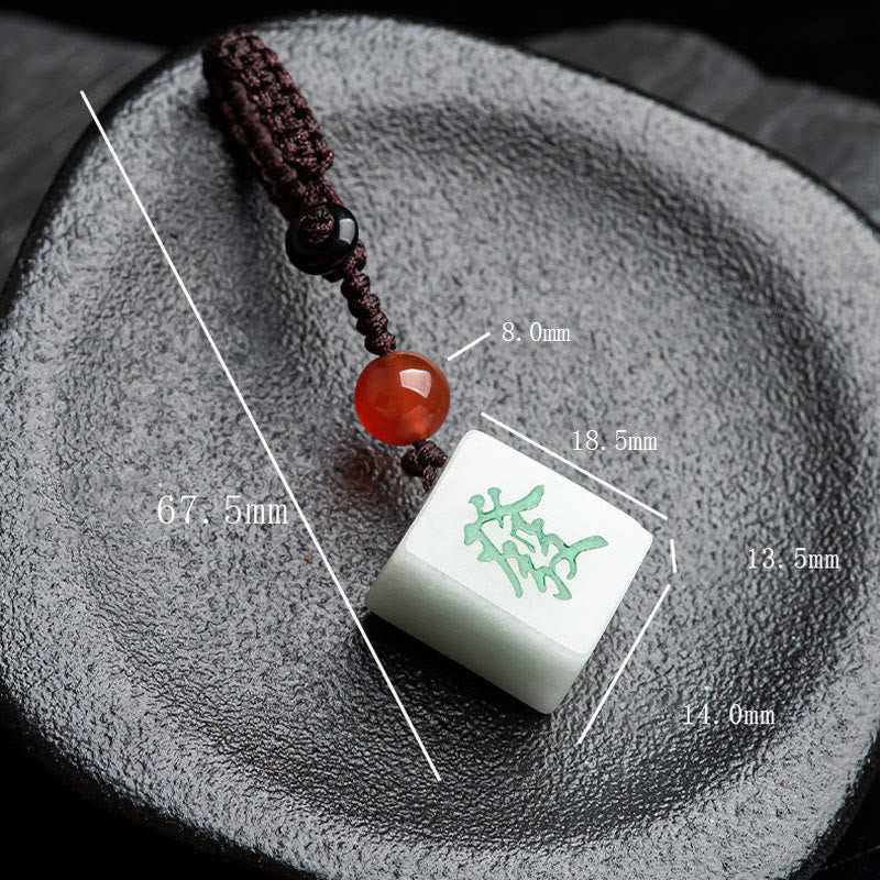 Mythstone Natural Jade Mahjong Fa Character Wealth Prosperity Phone Hanging Key Chain Decoration