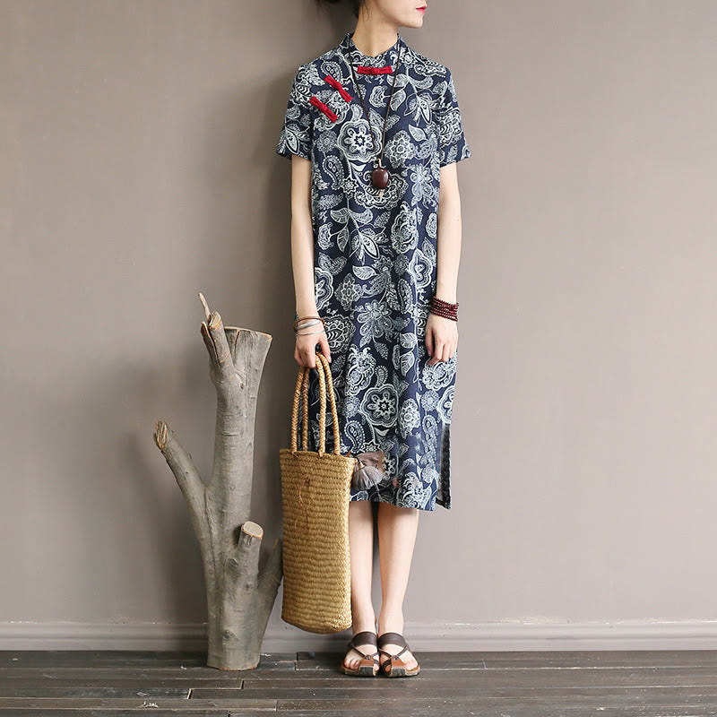 Mythstone Blue White Flower Frog-button Cheongsam Dresses Short Sleeve Linen Dresses With Pockets