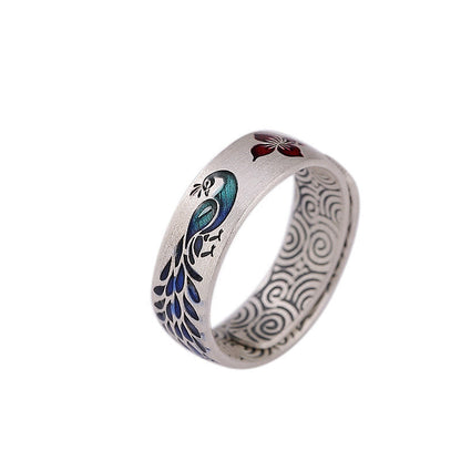 Mythstone 999 Sterling Silver Peacock Auspicious Clouds Engraved Lotus Flower Fortune Ring