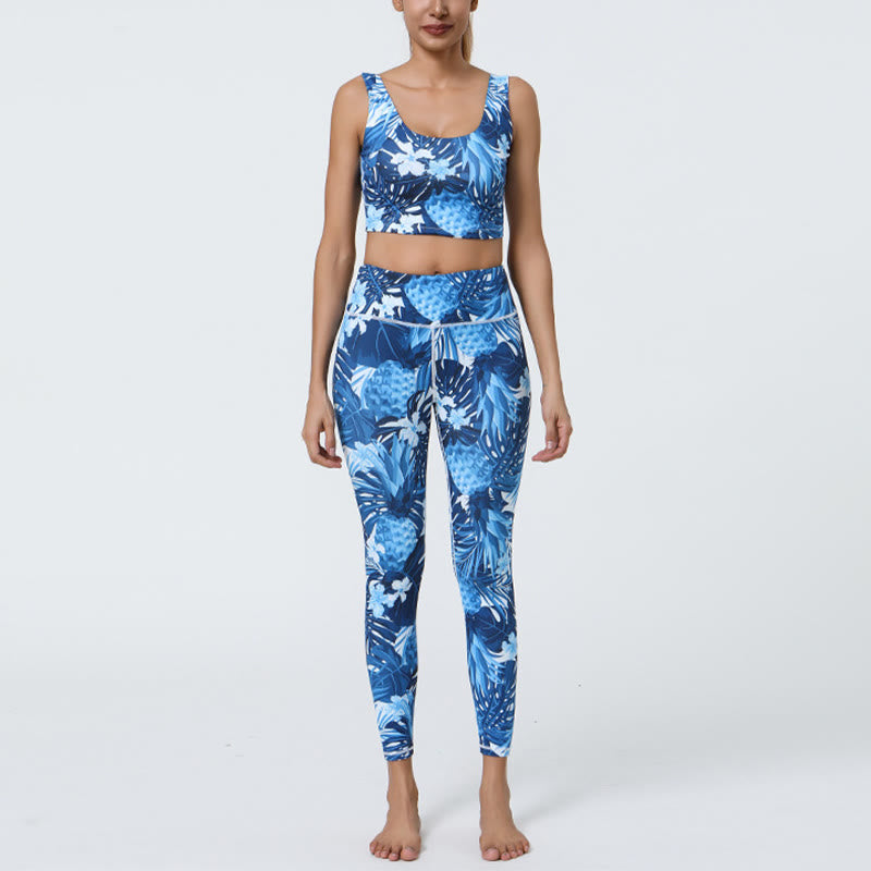 Mythstone 2Pcs Pineapple Grass Leaves Print Sports Fitness Crop Tank Bra High Waist Leggings Yoga Pants