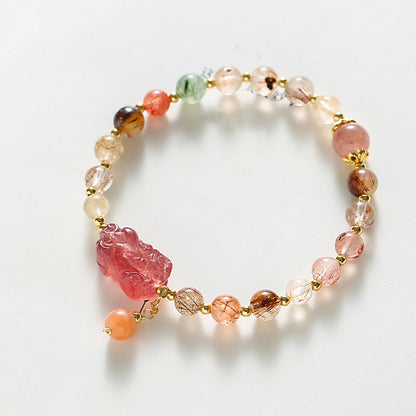 Mythstone Natural Rutilated Quartz Strawberry Quartz PiXiu Wealth Bracelet