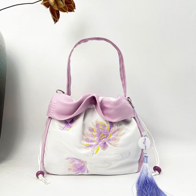 Mythstone Suzhou Embroidery Camellia Magnolia Peony Lotus Silk Tote Crossbody Bag Shoulder Bag Handbag