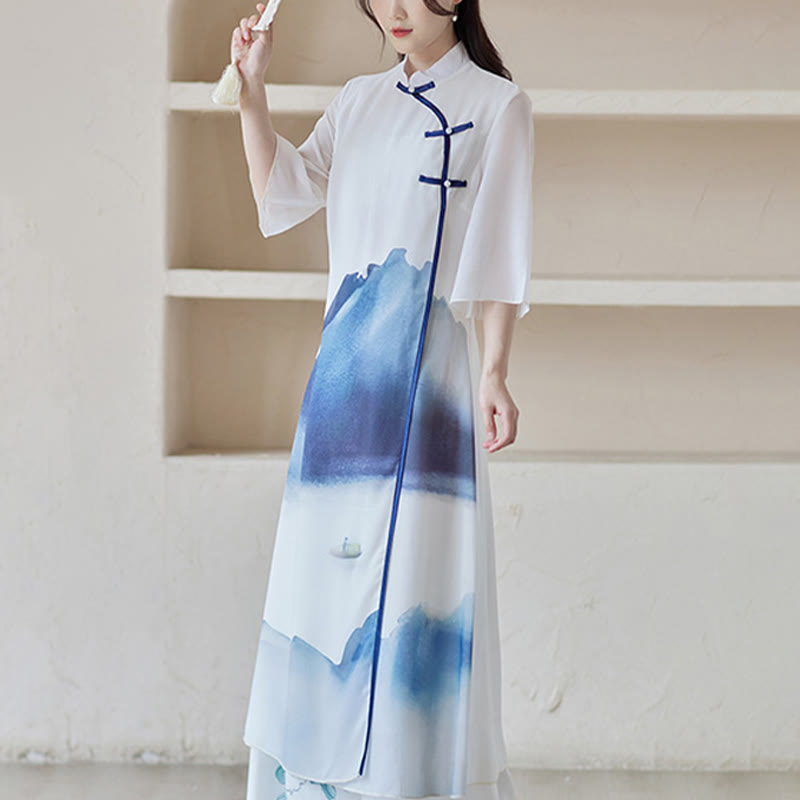 Mythstone Blue Landscape Painting Three Quarter Chinese Cheongsam Midi Dress