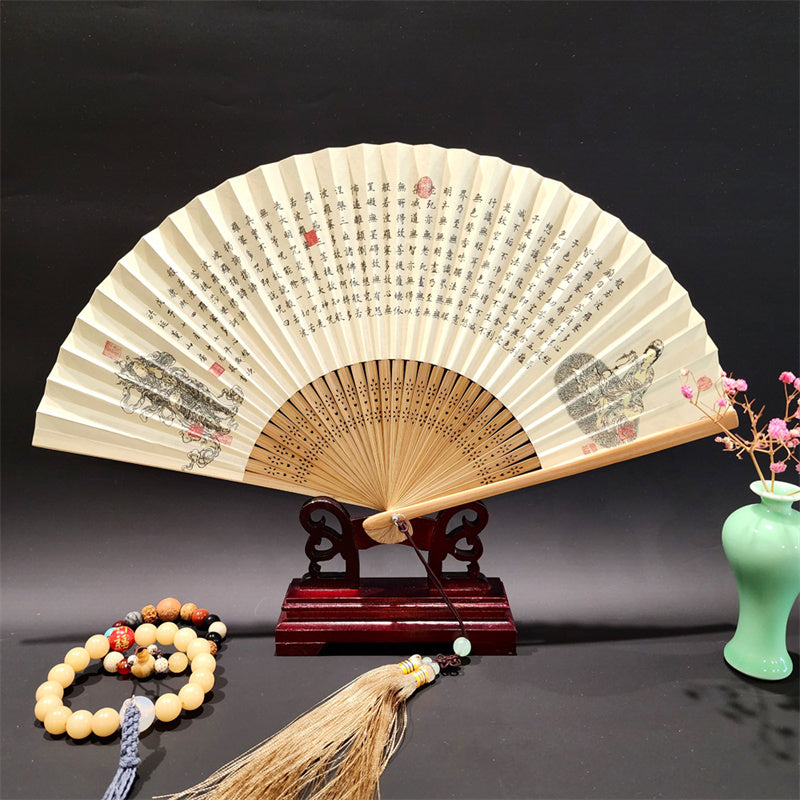 Mythstone A Panorama Of Rivers And Mountains Cranes Orchid Flower Paper Bamboo Handheld Silk Bamboo Folding Fan 22cm