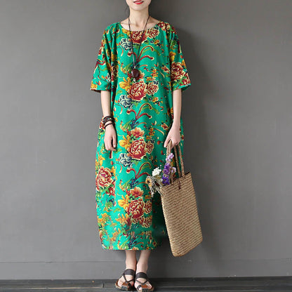 Mythstone Red Peony Flowers Printed Midi Dress Half Sleeve Cotton Linen Dress