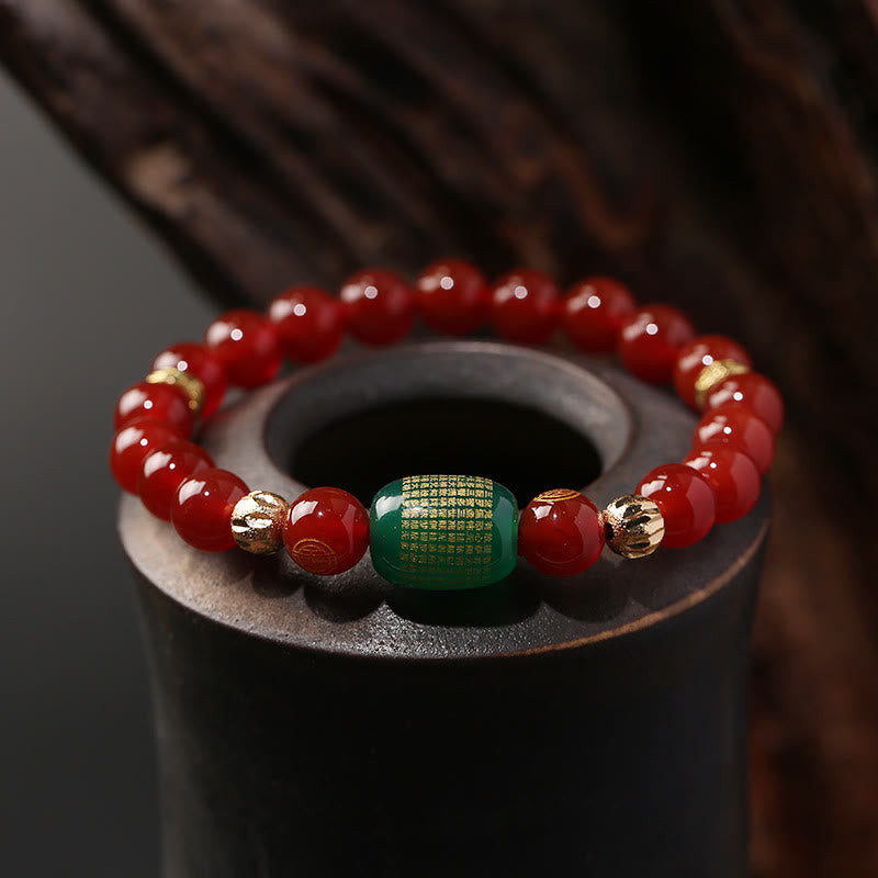 Mythstone Natural Red Agate Green Agate Buddhist Sutras Calm Bracelet