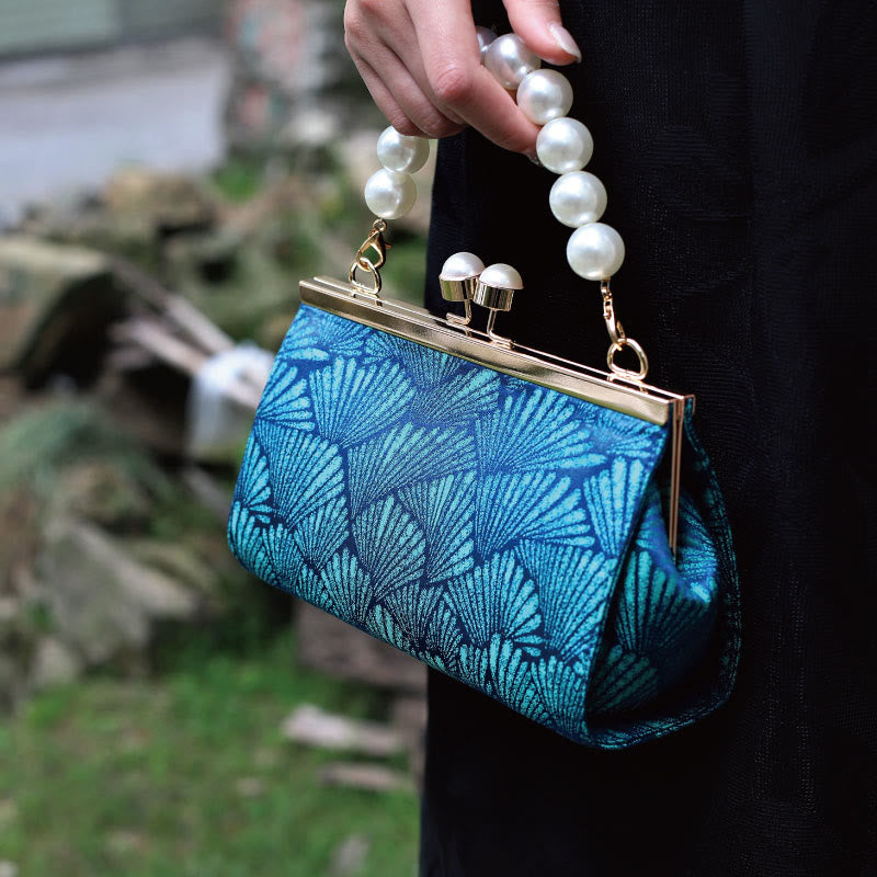 Mythstone Vintage Peacock Blue Leaf Pattern Pearl Metal Handbag