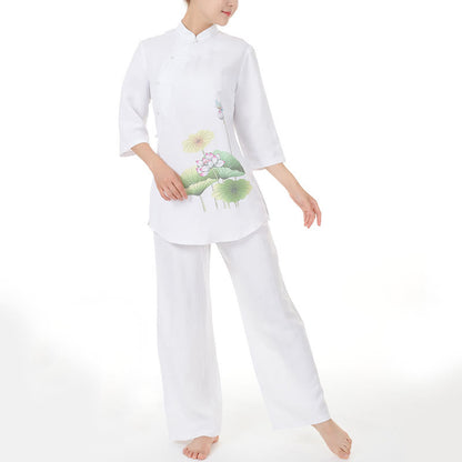 Mythstone 2Pcs White Lotus Flower Leaf Half Sleeve Shirt Top Pants Meditation Zen Tai Chi Linen Clothing Women's Set