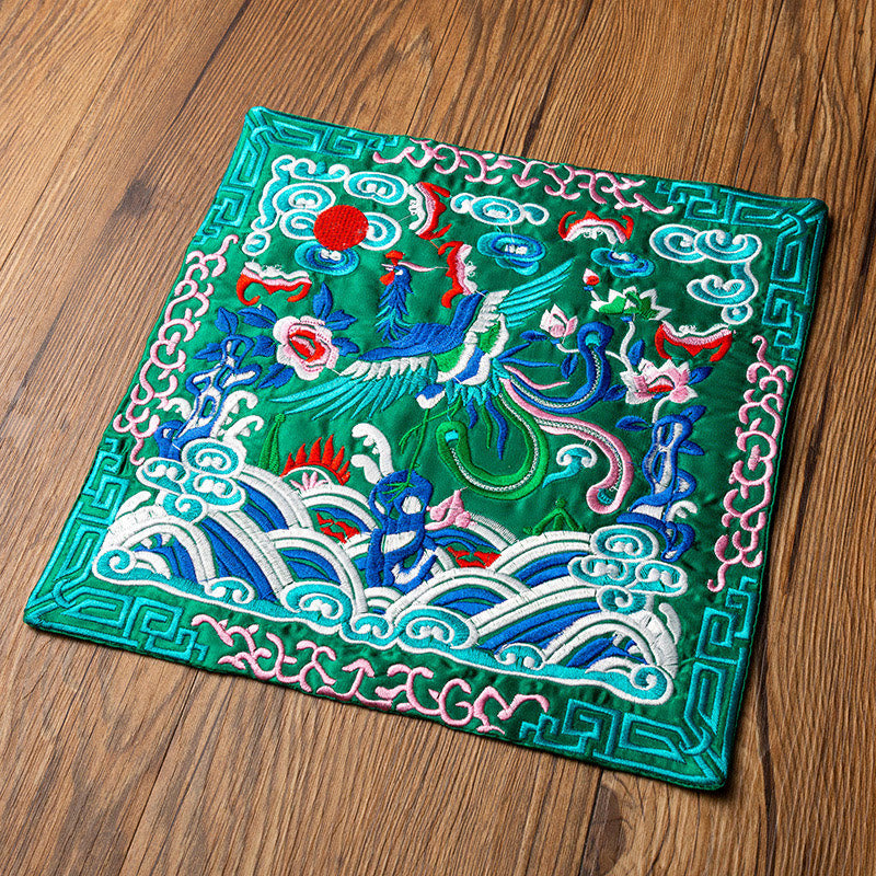 Mythstone Phoenix Dragon Kirin Embroidery Cup Mat Pad Tea Cup Coaster Kung Fu Tea Mat