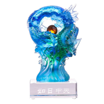 Mythstone Handmade Azure Dragon Liuli Crystal Art Piece Success Protection Home Office Decoration