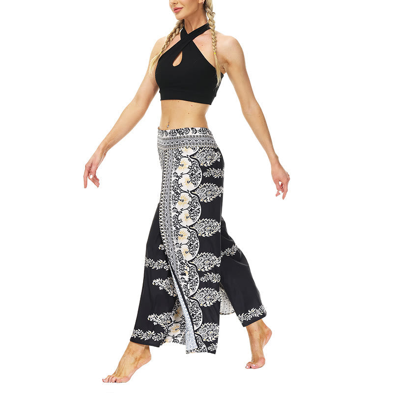 Mythstone Boho Flower Vine Split Thigh Wide Leg Pants Sports Fitness Dance Women's Yoga Pants