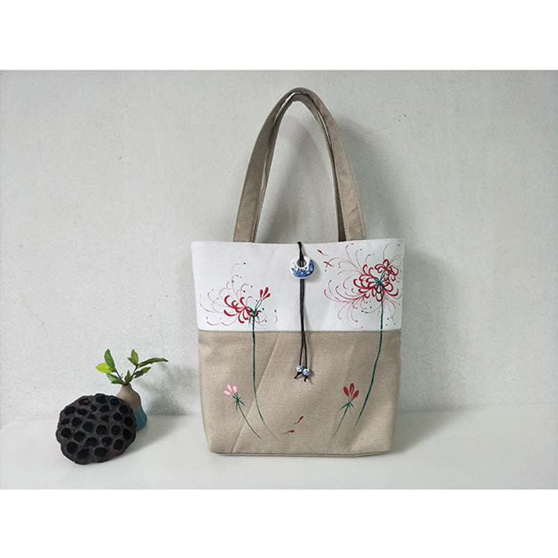 Mythstone Pear Flower Plum Peach Blossom Bamboo Embroidery Canvas Large Capacity Shoulder Bag Tote Bag