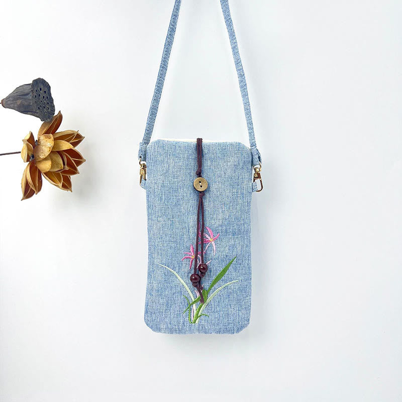 Mythstone Small Embroidered Flowers Crossbody Bag Shoulder Bag Cellphone Bag 11*20cm