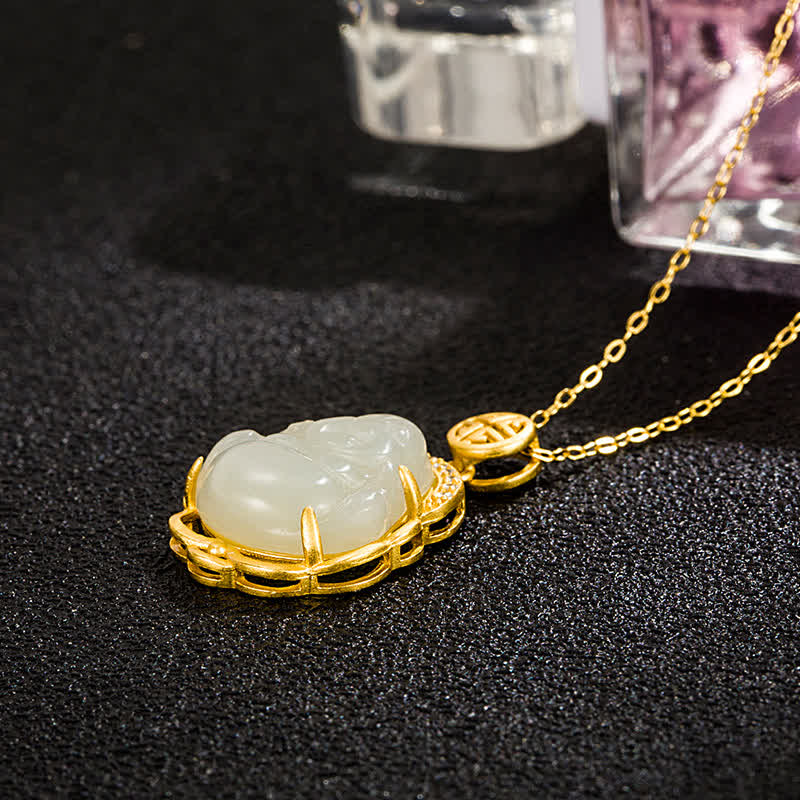 Mythstone 925 Sterling Silver Laughing Buddha Hetian White Jade Protection Necklace Pendant