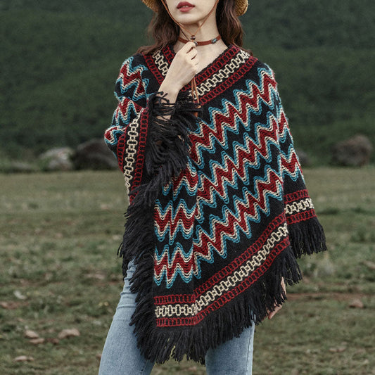 Mythstone Tibetan Shawl Striped Knitted Tassels Pullover Winter Cozy Travel Scarf Wrap