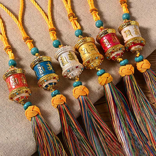 Mythstone Tibet Om Mani Padme Hum Prayer Wheel Colorful Tassels Bag Car Hanging Decoration