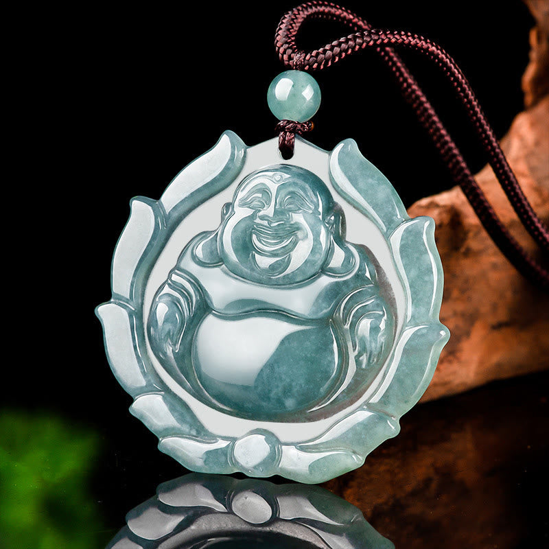 Colgante de collar con diseño de Buda sonriente de jade natural y loto de Mythstone