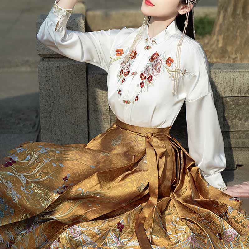 Mythstone Golden Flower Phoenix Embroidery Long Sleeve Shirt Top Chinese Hanfu Ming Dynasty Horse Face Skirt Mamianqun Skirt