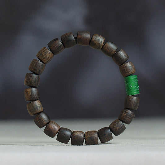 Mythstone Nha Trang Rare Bai Qinan Agarwood Cyan Jade Red Agate Laughing Buddha Tibetan Bone Strength Meditation Bracelet