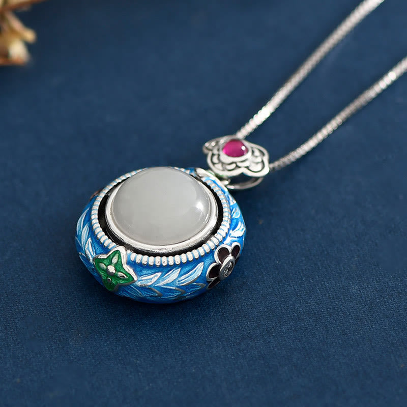 Mythstone 925 Sterling Silver Blue Enamel Round Hetian Jade Luck Necklace Pendant Ring Set