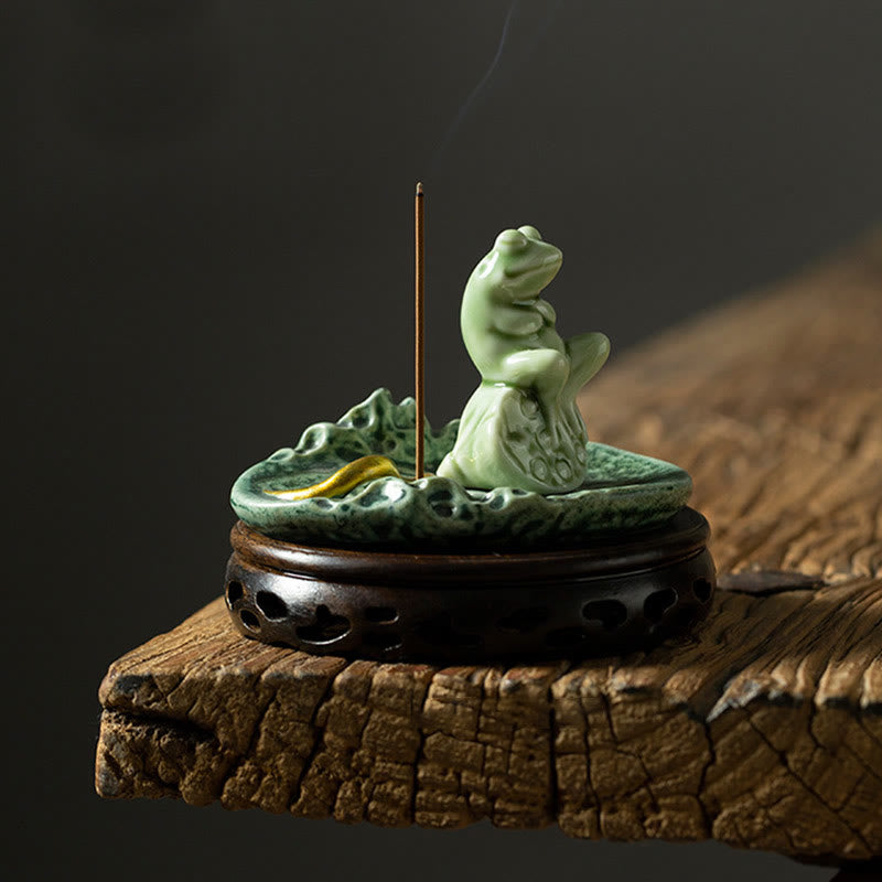 Mythstone Leaf Meditation Frog Pattern Healing Ceramic Incense Burner Decoration