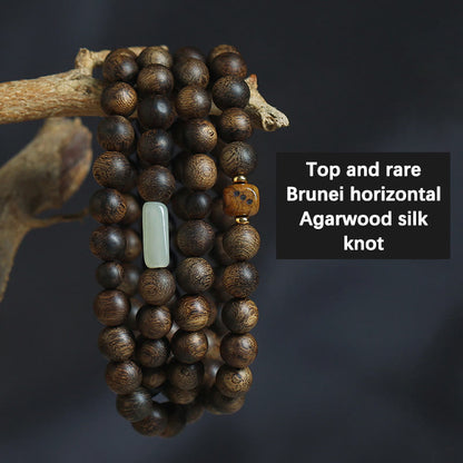 MythStone 108 Mala Beads Brunei Agarwood Hetian Jade Yak Bone Strength Balance Bracelet