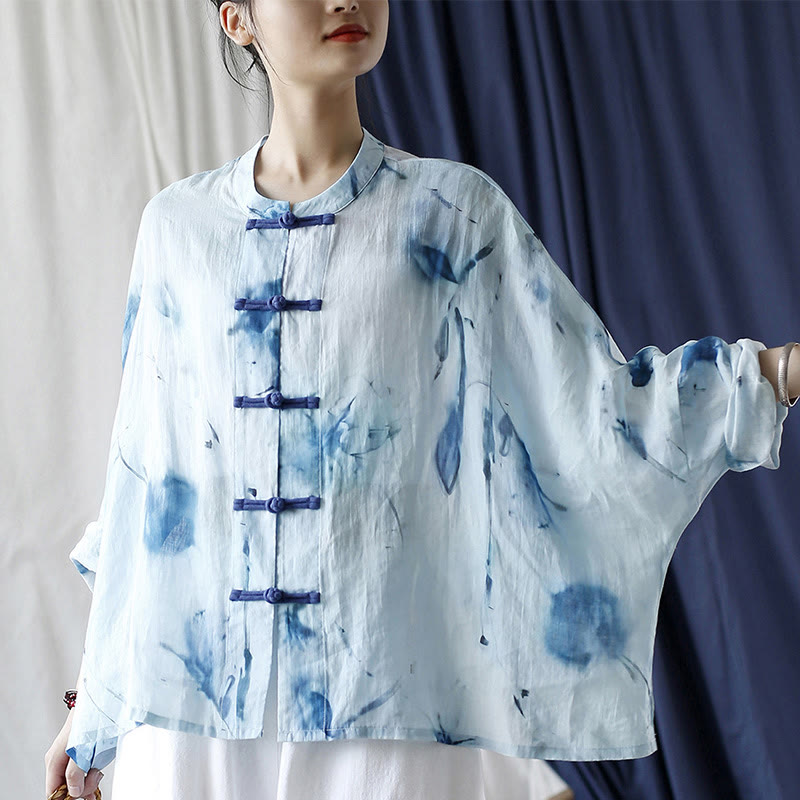 Mythstone Tie Dye Blue Flowers Frog-Button Design Long Sleeve Ramie Linen Jacket Shirt