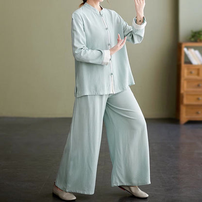 Mythstone 2Pcs Tang Suit Long Sleeve Shirt Top Pants Meditation Zen Tai Chi Cotton Linen Clothing Women's Set