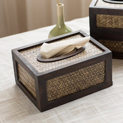 Mythstone Handmade Bamboo Woven Wood Tissue Box Wooden Tissue Holder Wipes Boxes Decoration