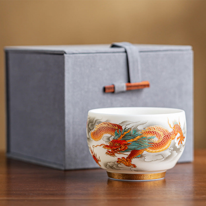 Mythstone Dragon Phoenix Auspicious Clouds Ceramic Teacup Kung Fu Tea Cup With Gift Box