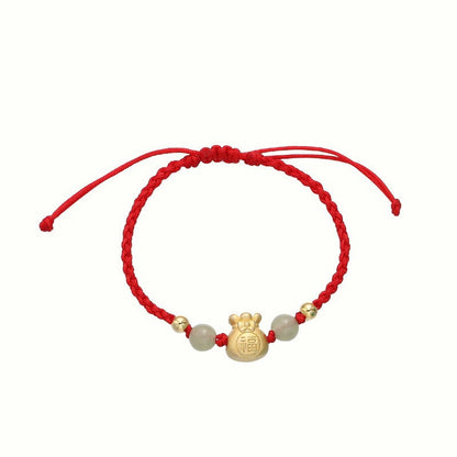 Mythstone Lucky Money Bag Fu Character Jade Bead Luck Braided Bracelet