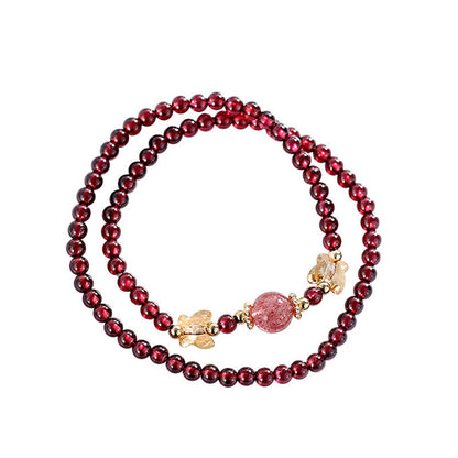 Mythstone 14K Gold Plated Natural Garnet Strawberry Quartz Butterfly Protection Double Wrap Bracelet