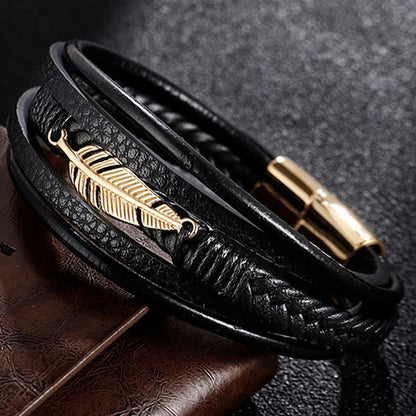 Mythstone Feather Pattern Multilayer Leather Titanium Steel Calm Braided Magnetic Buckle Bracelet